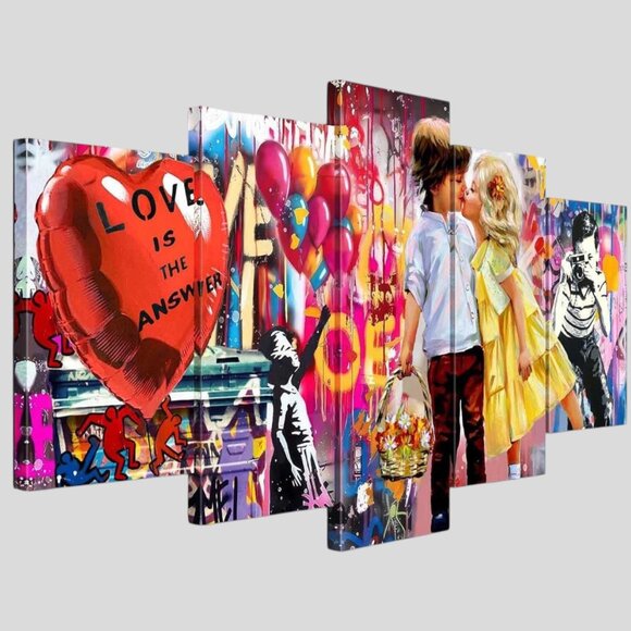 Banksy Canvas Wall Art Prints 5 Pieces Graffiti Pictures - Picture 2 of 3